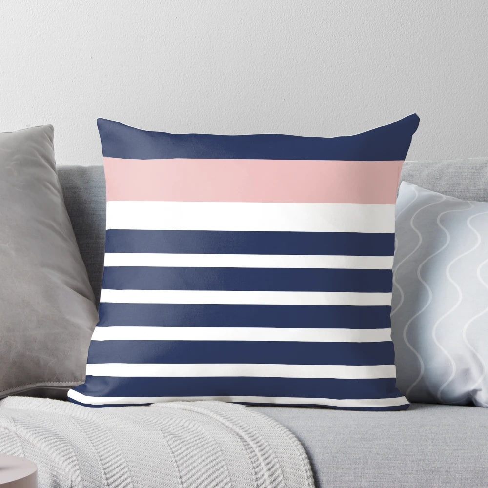 Navy blue, pink, and white minimalist striped pillow