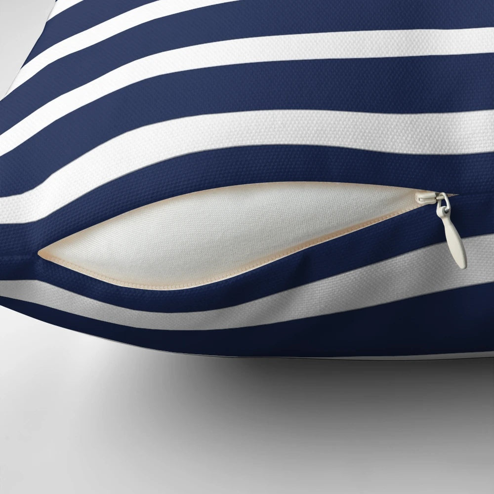Navy blue, pink, and white minimalist striped pillow
