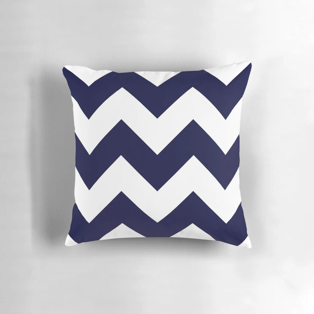 Navy blue and white wide chevron striped decorative throw pillow
