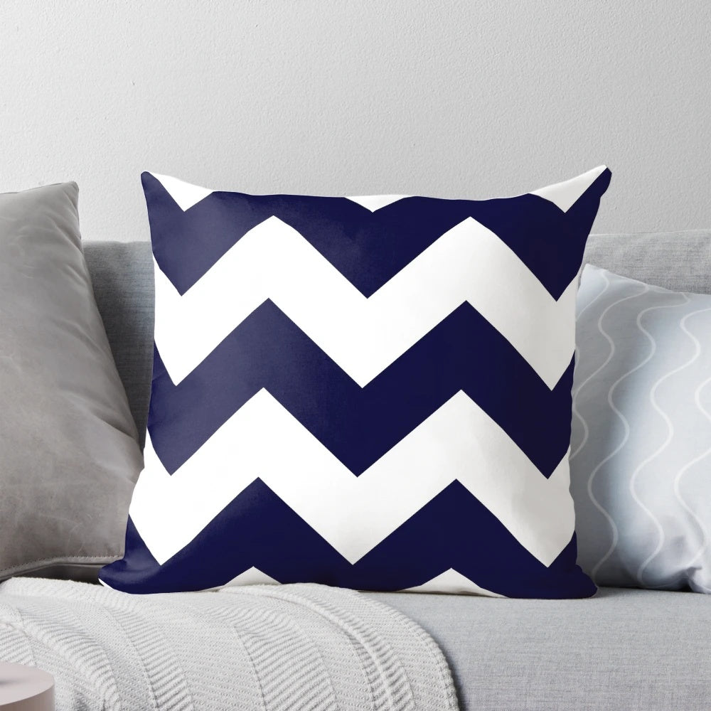 Navy blue and white wide chevron striped decorative throw pillow