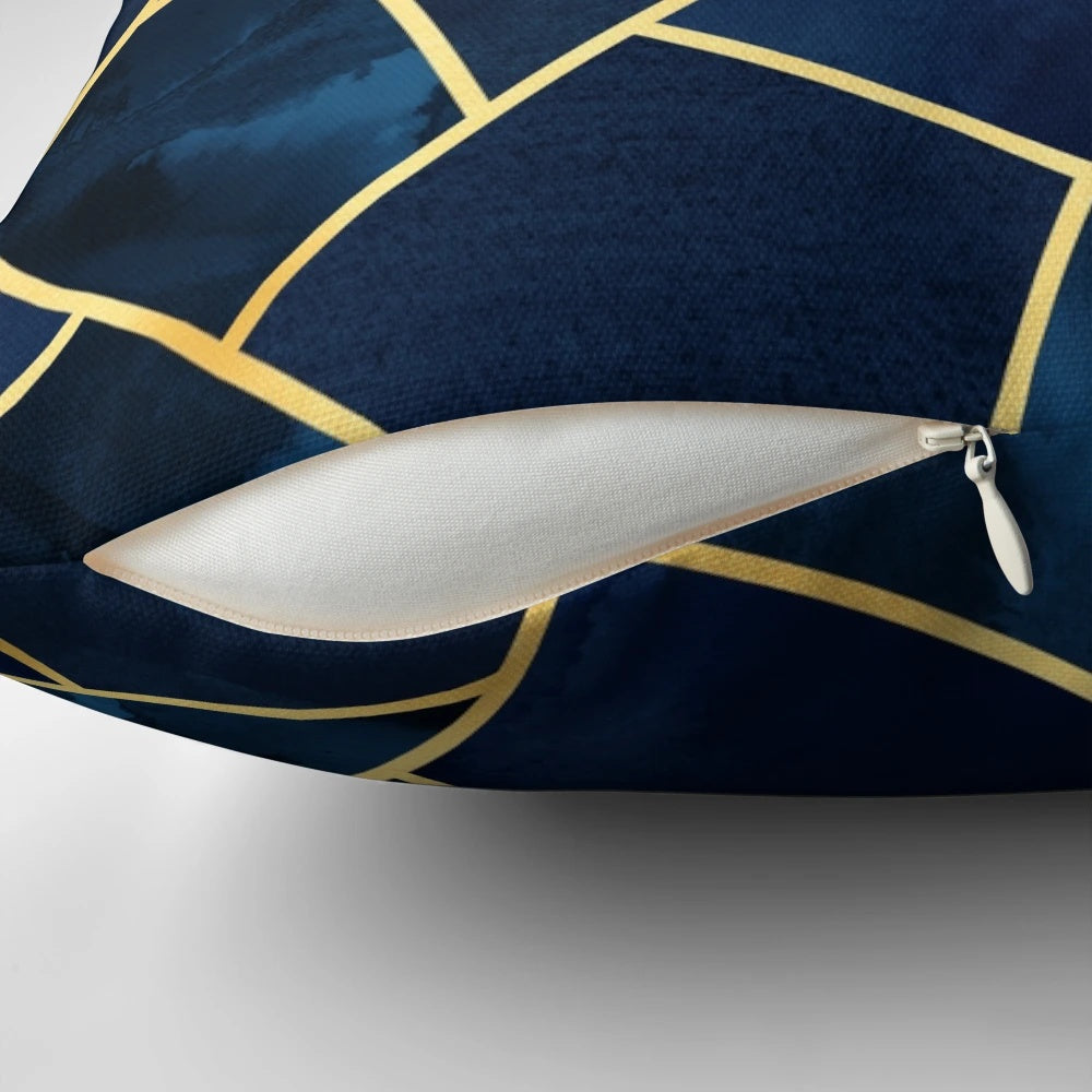 Navy and gold geometric patterned decorative throw pillow
