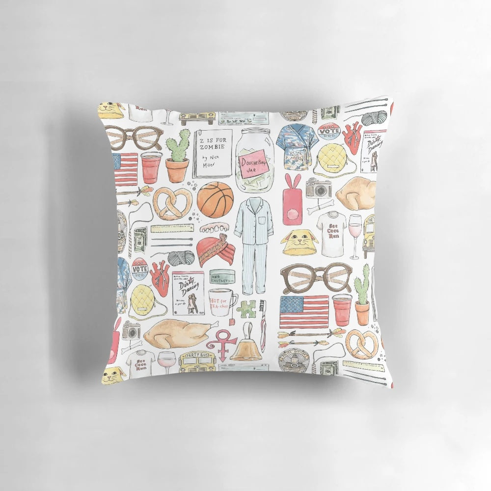A stylish throw pillow featuring a monochrome hand-drawn design inspired by the popular TV sitcom "New Girl".