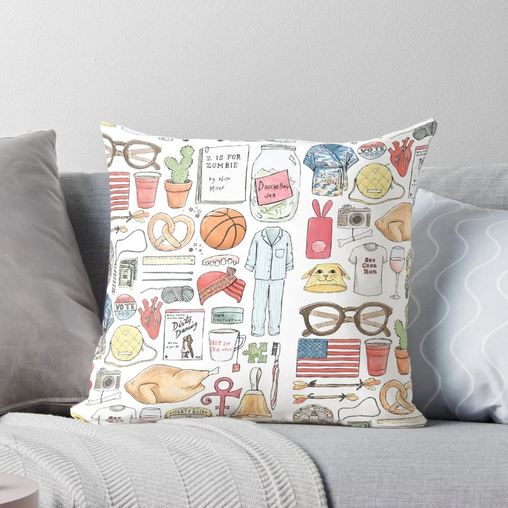 A stylish throw pillow featuring a monochrome hand-drawn design inspired by the popular TV sitcom "New Girl".
