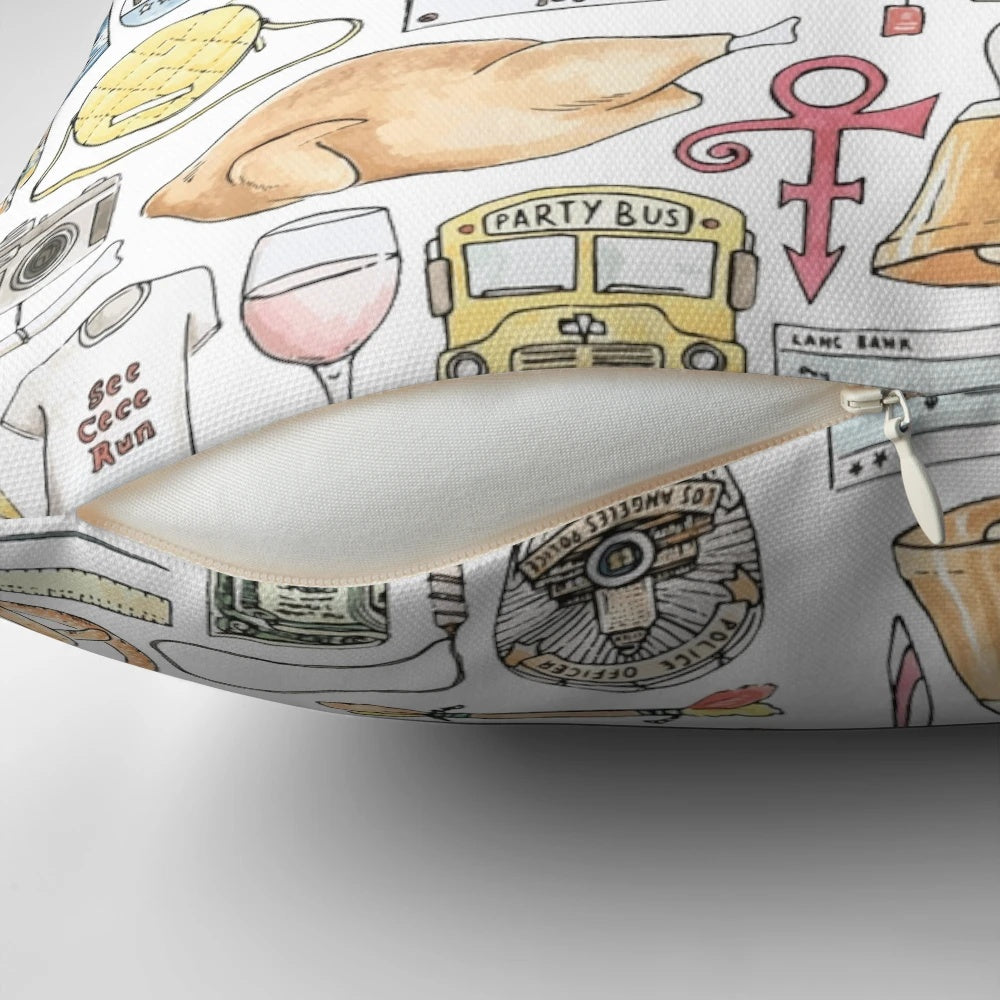 A stylish throw pillow featuring a monochrome hand-drawn design inspired by the popular TV sitcom "New Girl".