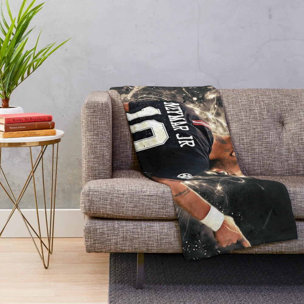 Neymar-inspired plush blanket with football/soccer artwork