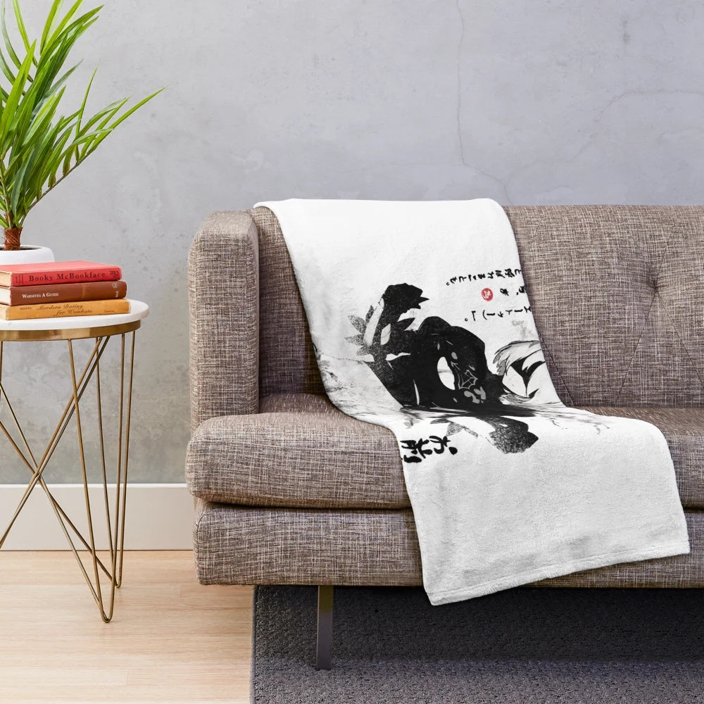 Nier Automata inspired plush blanket featuring 2B and 9S in a black and white chibi style