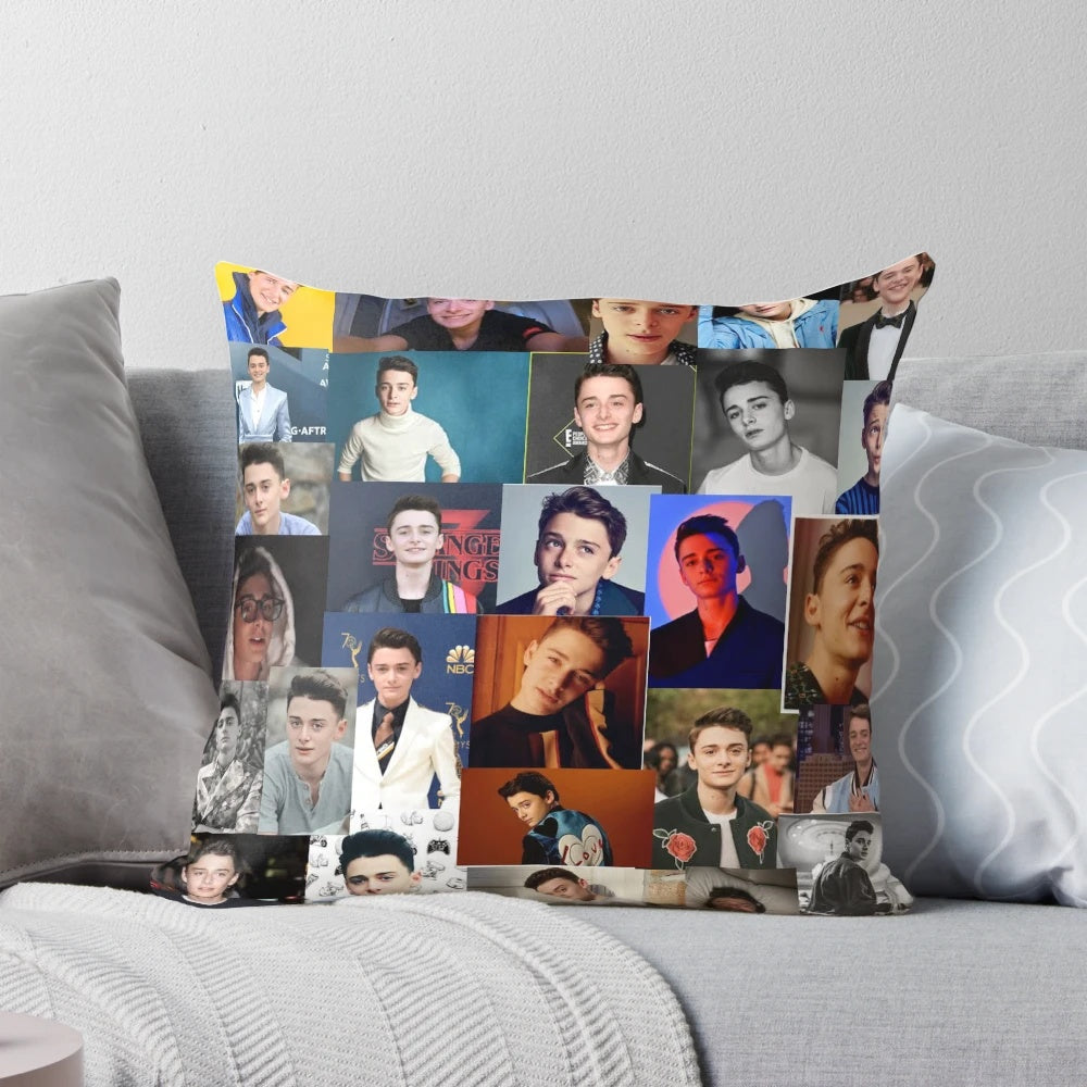 Cozy pillow featuring a photographic design inspired by actor Noah Schnapp