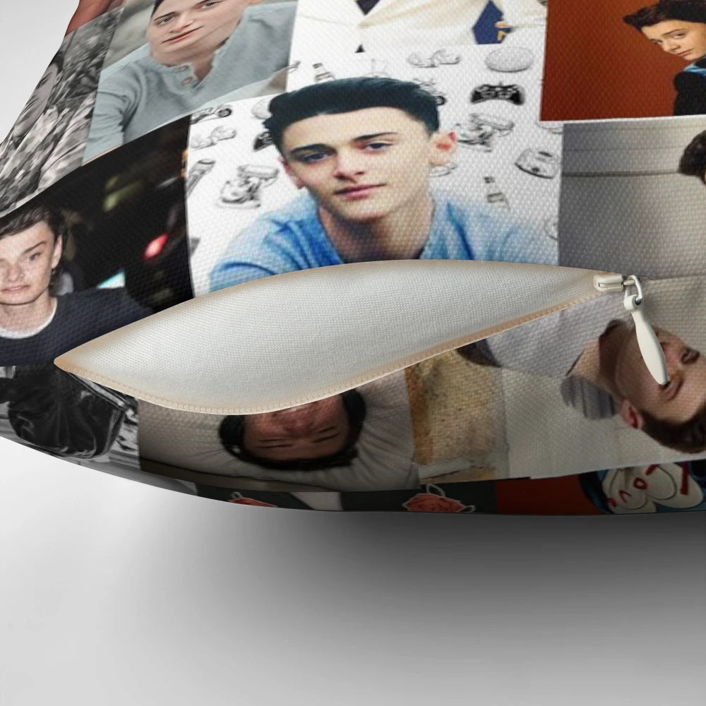 Cozy pillow featuring a photographic design inspired by actor Noah Schnapp