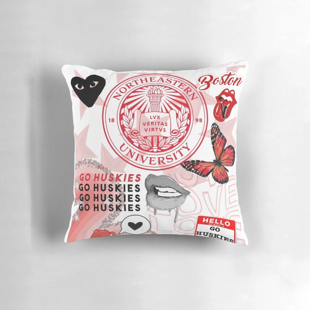 Northeastern-inspired decorative pillow with school colors and logo