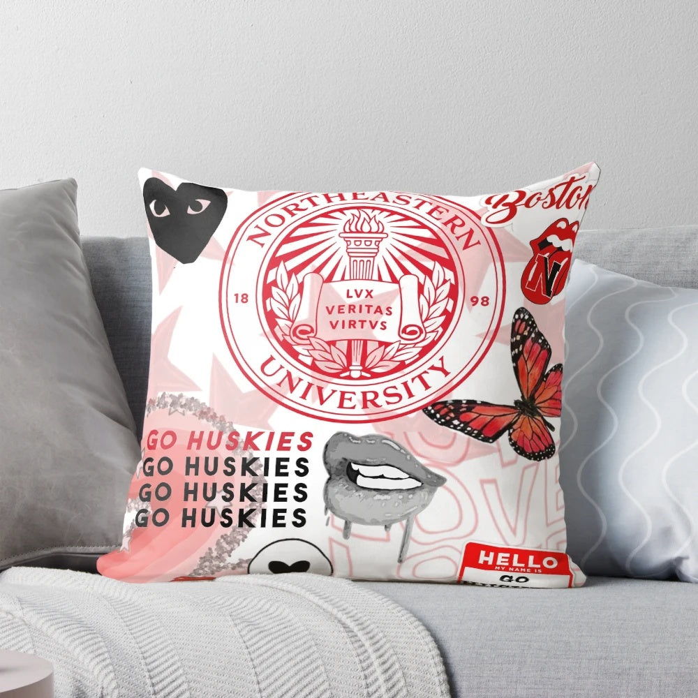 Northeastern-inspired decorative pillow with school colors and logo