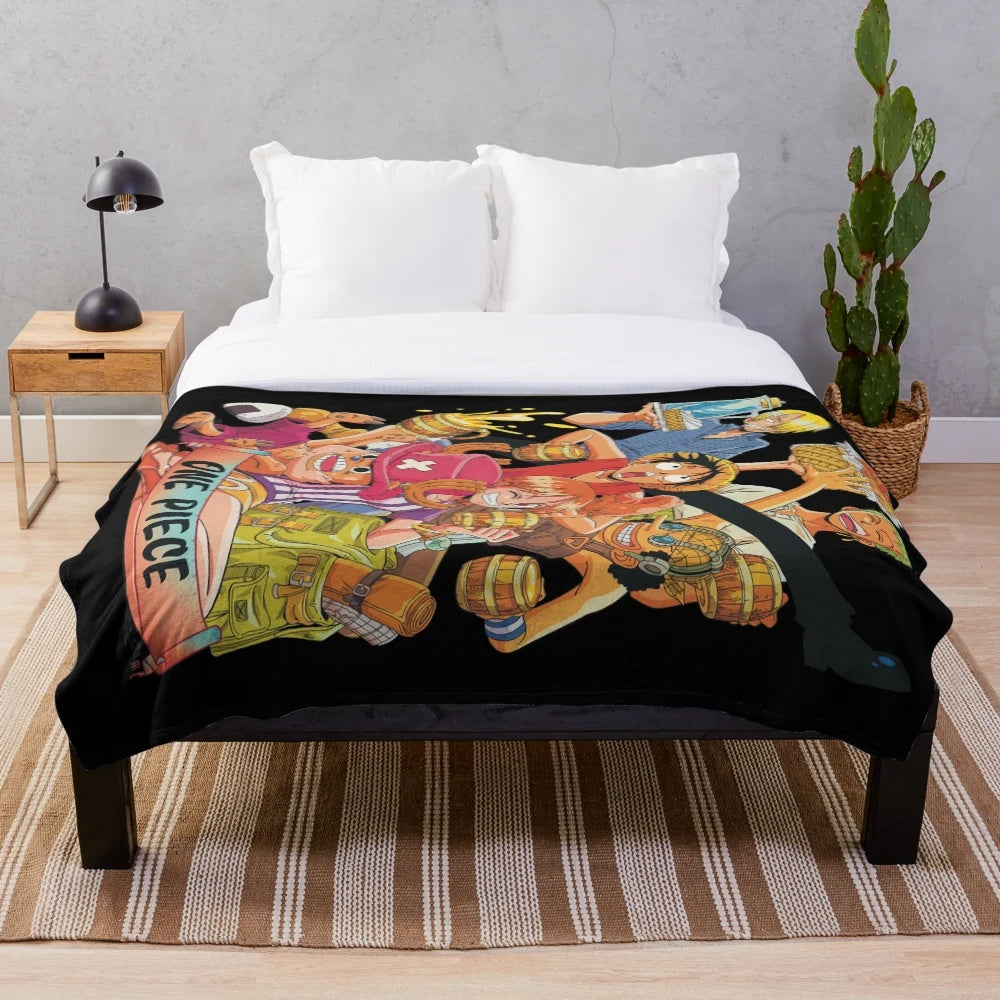 One Piece themed plush blanket with sideways Straw Hat crew design