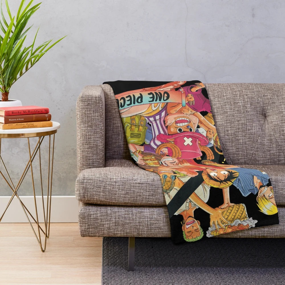 One Piece themed plush blanket with sideways Straw Hat crew design