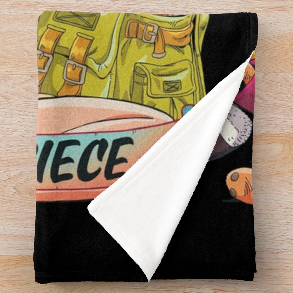 One Piece themed plush blanket with sideways Straw Hat crew design
