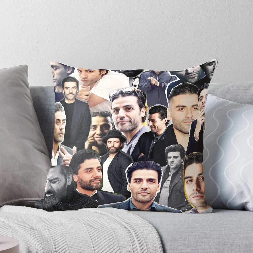 Artistic collage of actor Oscar Isaac on a decorative throw pillow