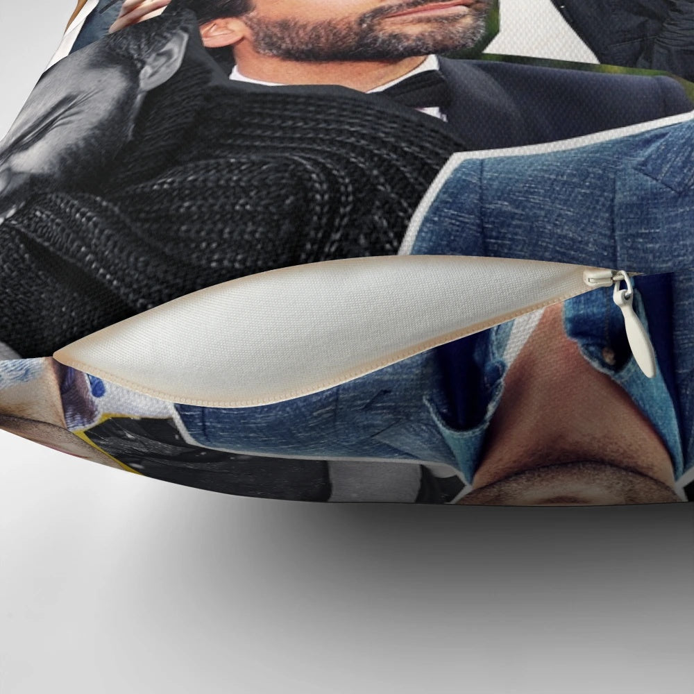Artistic collage of actor Oscar Isaac on a decorative throw pillow