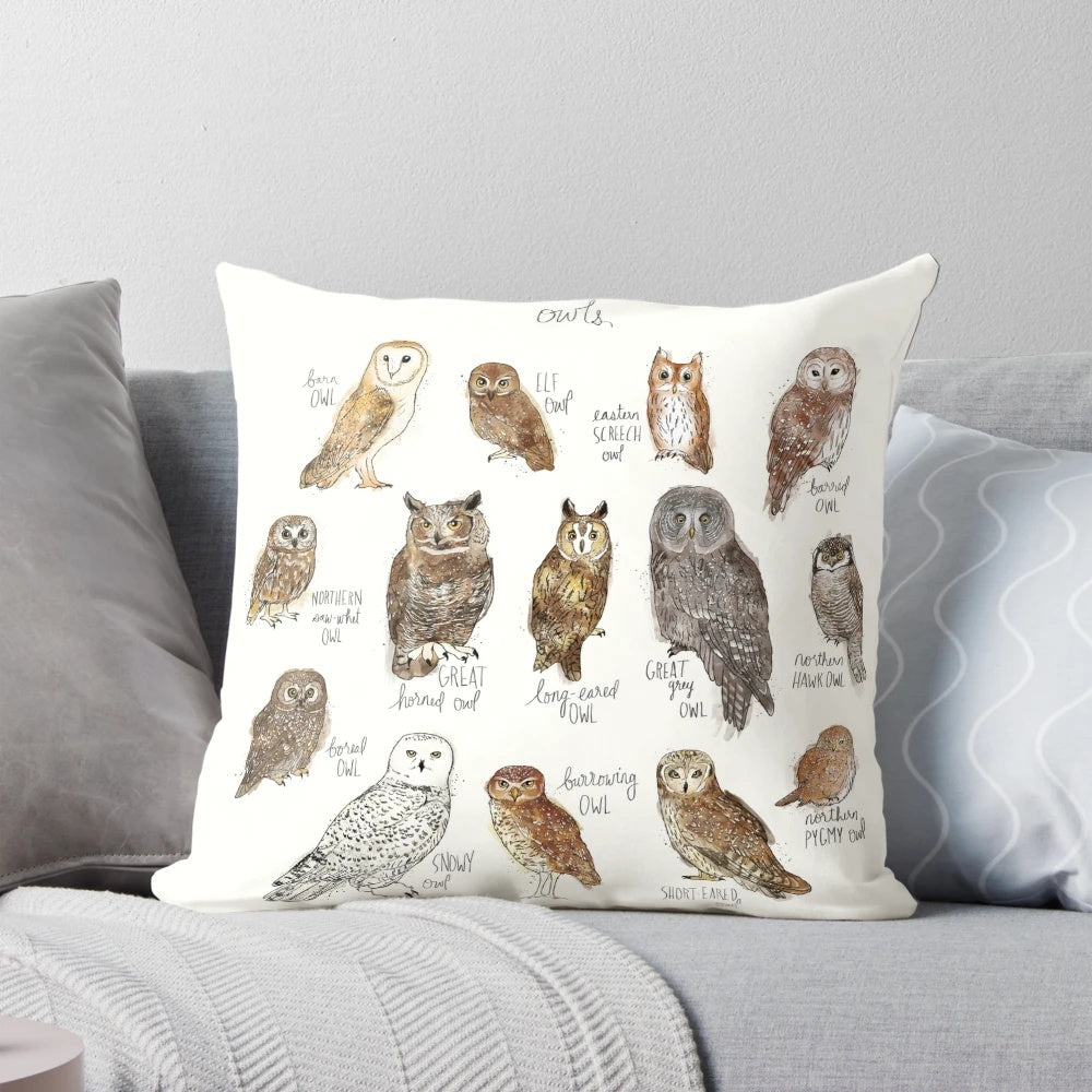 Decorative owl-themed pillow with a natural, forest-inspired design