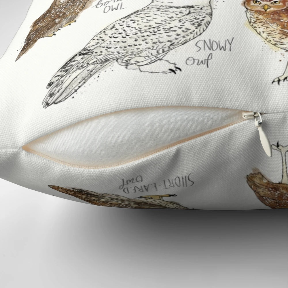 Decorative owl-themed pillow with a natural, forest-inspired design