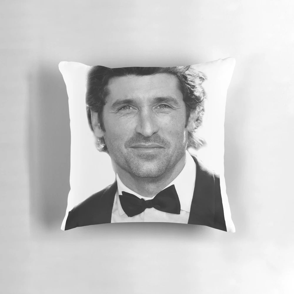 Black and white portrait of Patrick Dempsey as Derek Shepherd on a decorative pillow