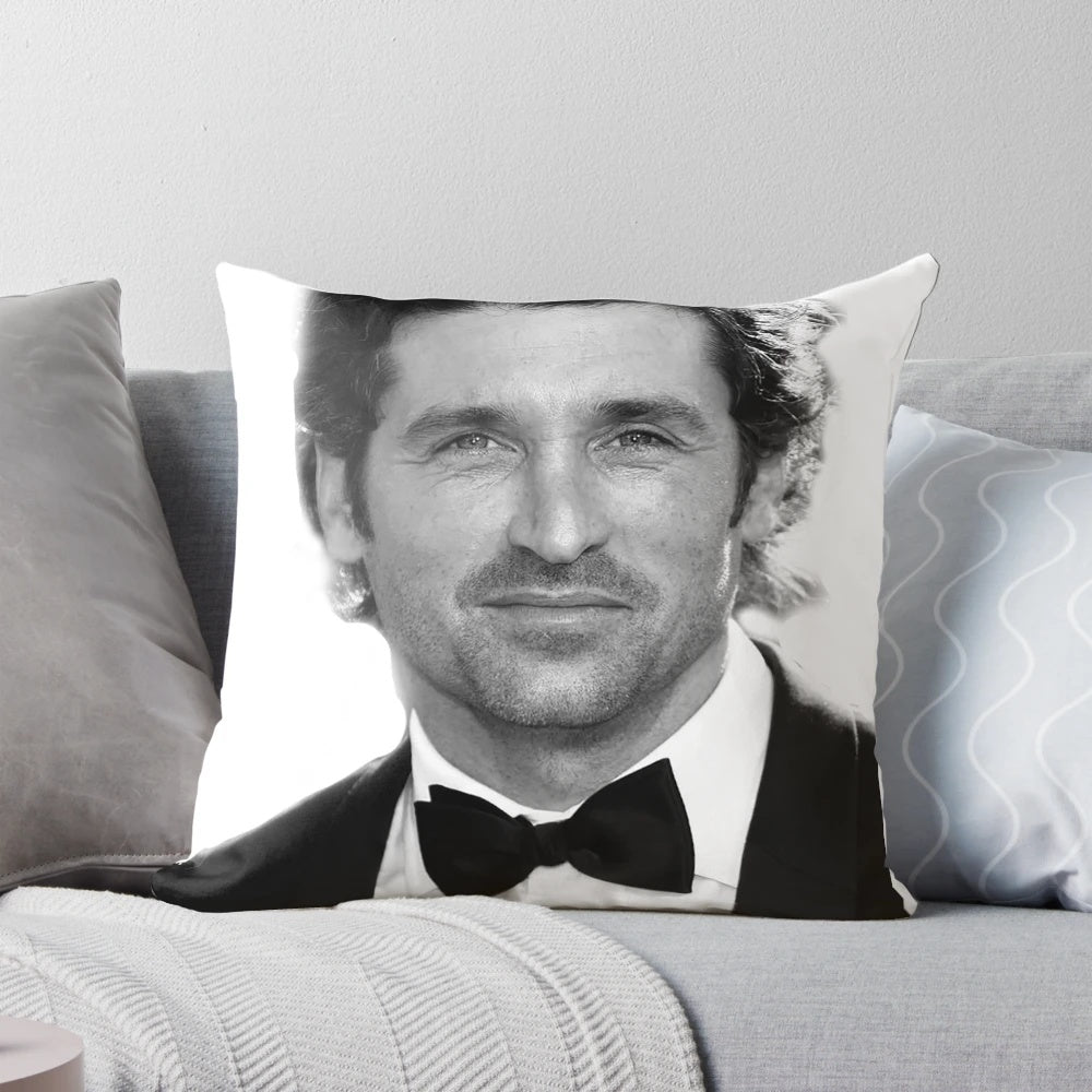 Black and white portrait of Patrick Dempsey as Derek Shepherd on a decorative pillow