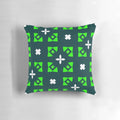 Decorative pillow featuring a selection of modern patterns, icons, and symbols in a geometric design