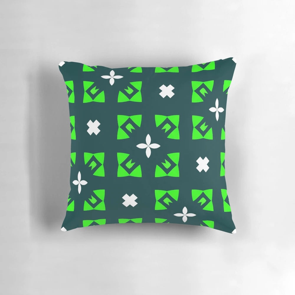 Decorative pillow featuring a selection of modern patterns, icons, and symbols in a geometric design