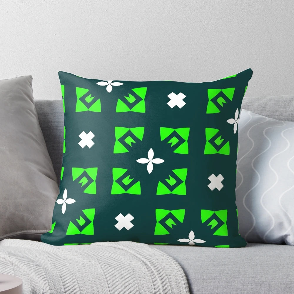 Decorative pillow featuring a selection of modern patterns, icons, and symbols in a geometric design
