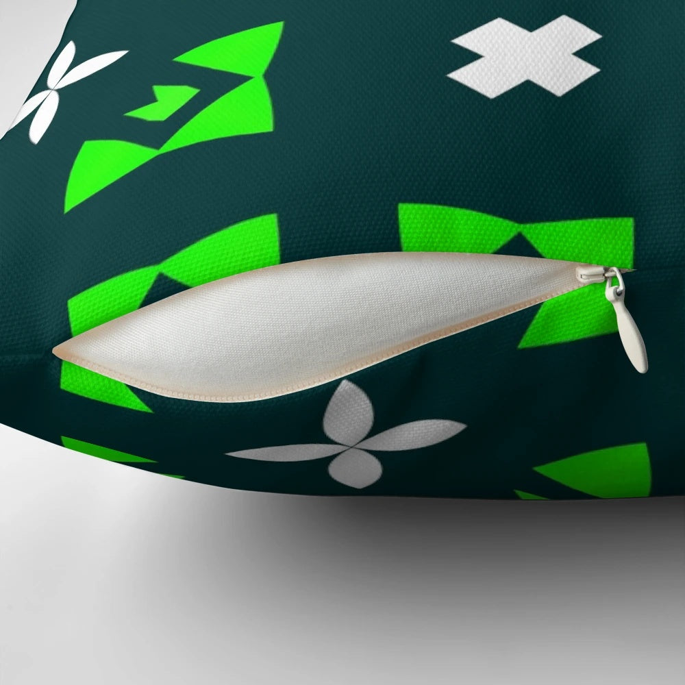 Decorative pillow featuring a selection of modern patterns, icons, and symbols in a geometric design