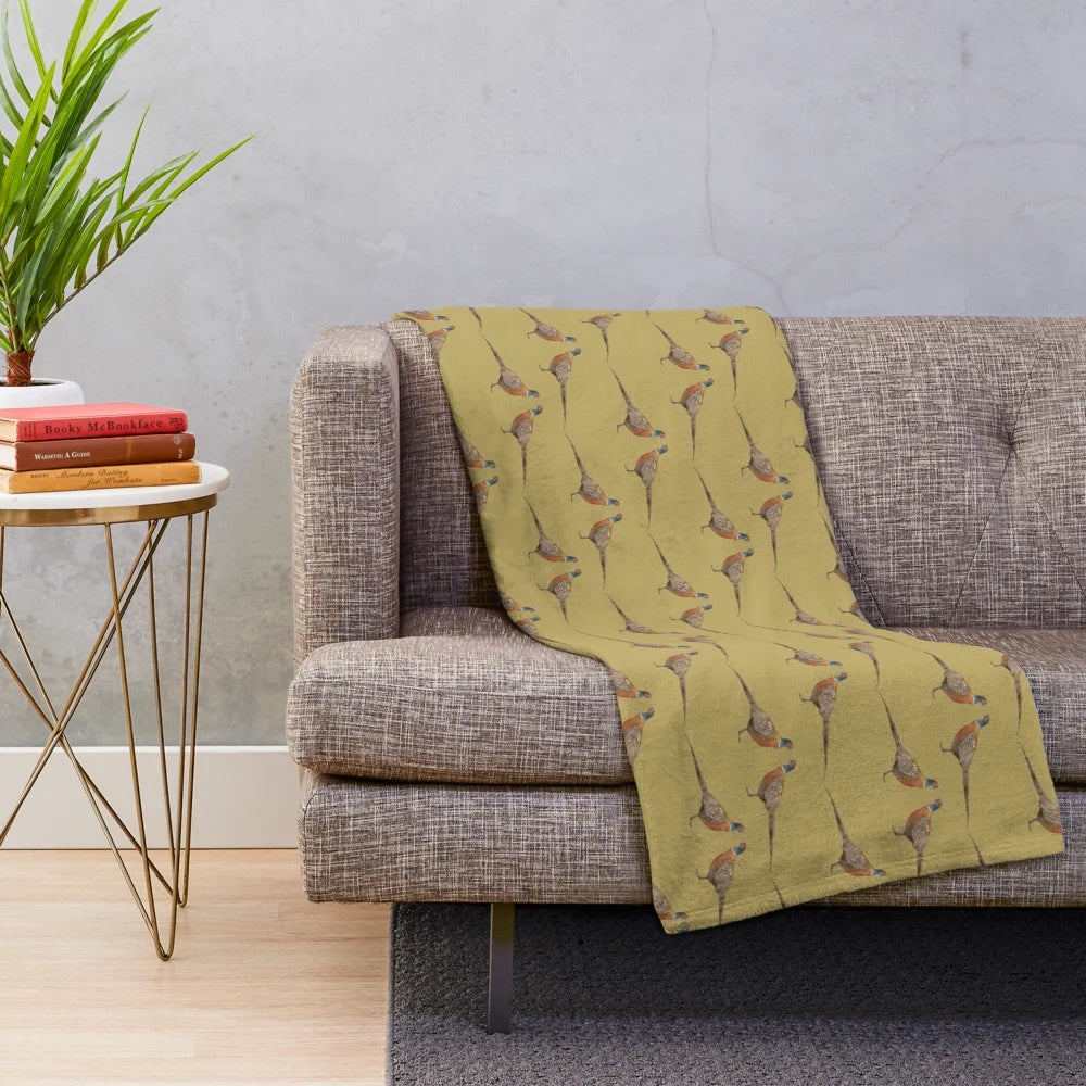 Pheasant pattern mustard plush blanket with feather design