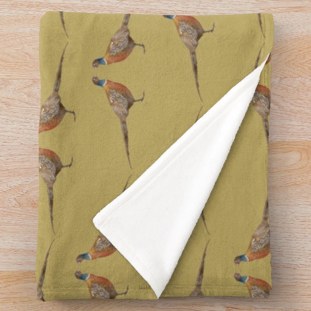 Pheasant pattern mustard plush blanket with feather design