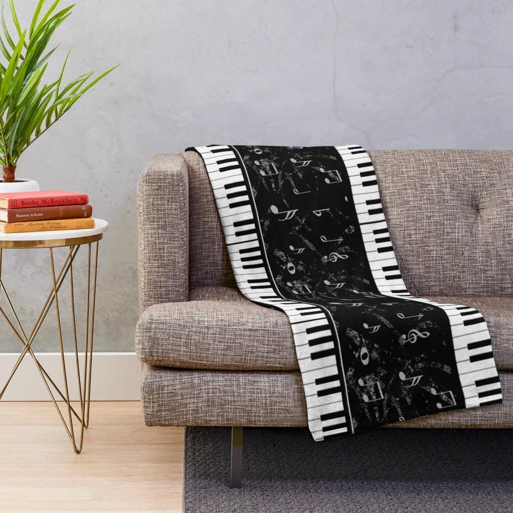 Black and white piano music pattern plush blanket