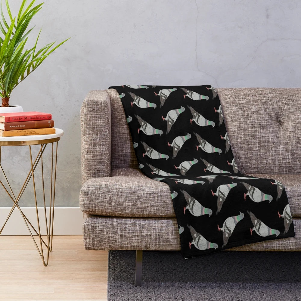 Cozy pigeon walk plush blanket with black background and bird pattern design