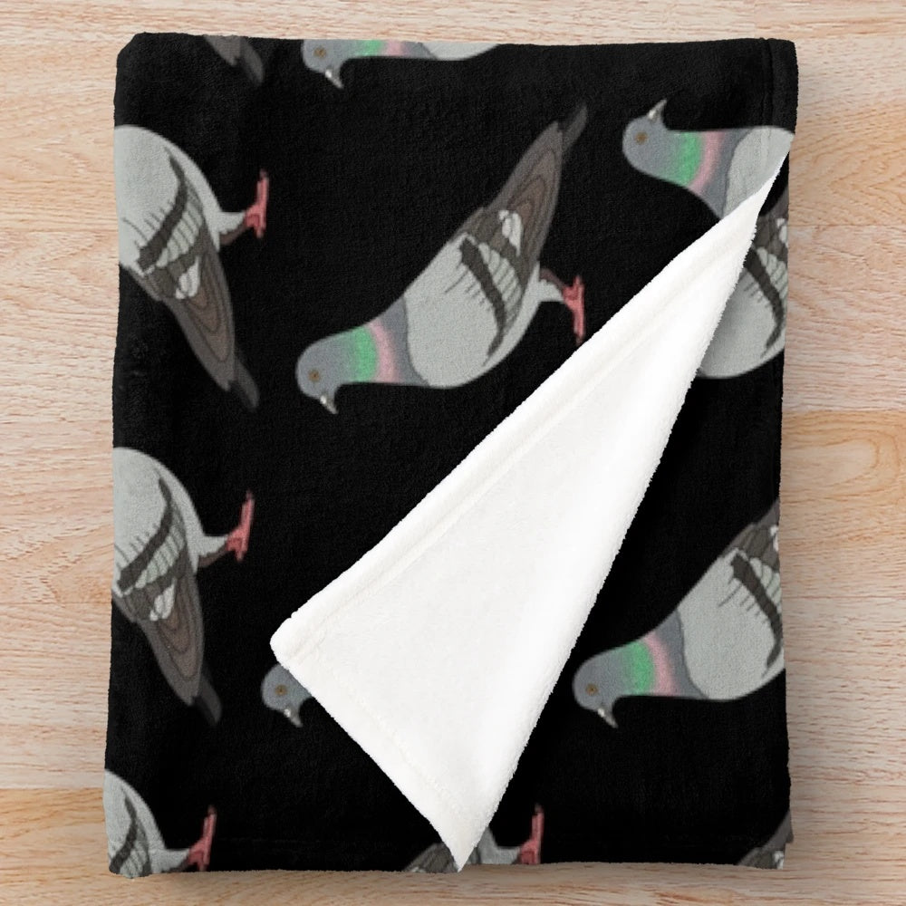 Cozy pigeon walk plush blanket with black background and bird pattern design