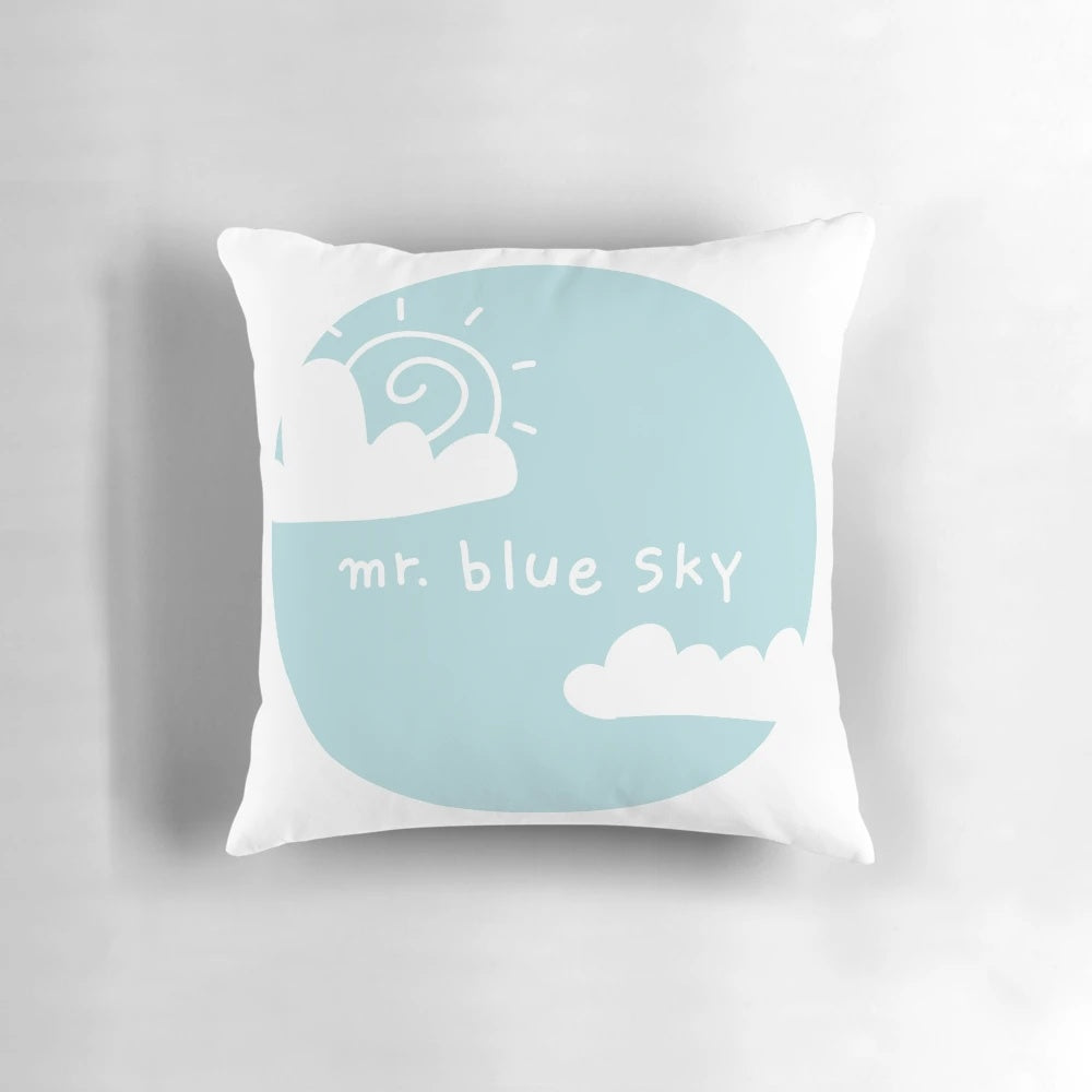 Decorative pillow featuring an illustration inspired by the song "Mr. Blue Sky" by the Electric Light Orchestra