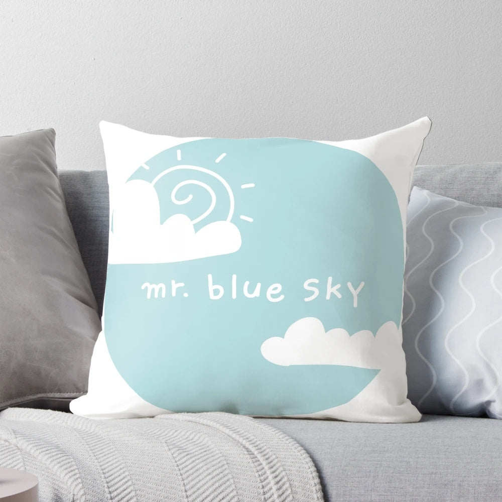 Decorative pillow featuring an illustration inspired by the song "Mr. Blue Sky" by the Electric Light Orchestra