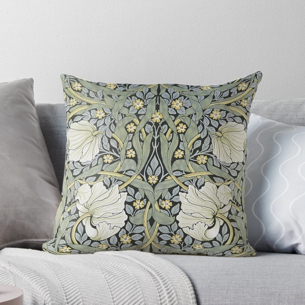 Pimpernel design pillow with a beautiful William Morris botanical print featuring green leaves and flowers