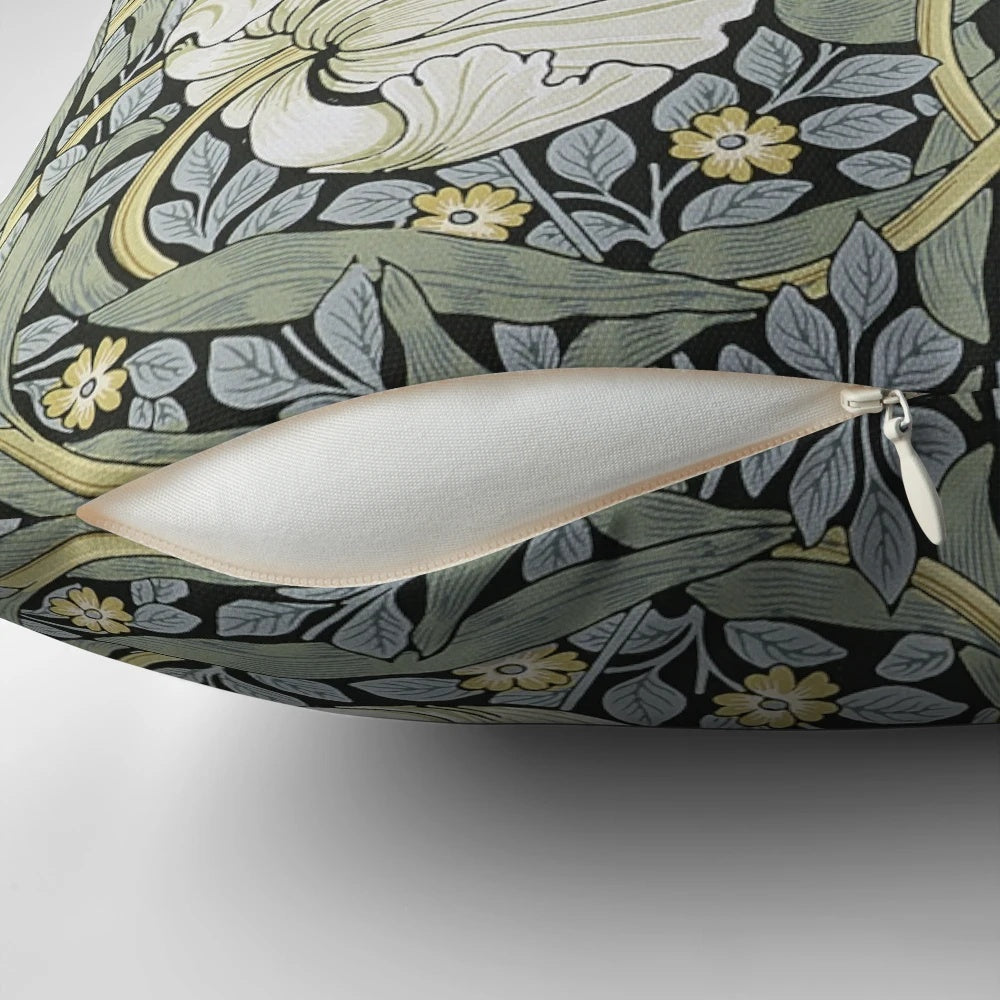 Pimpernel design pillow with a beautiful William Morris botanical print featuring green leaves and flowers