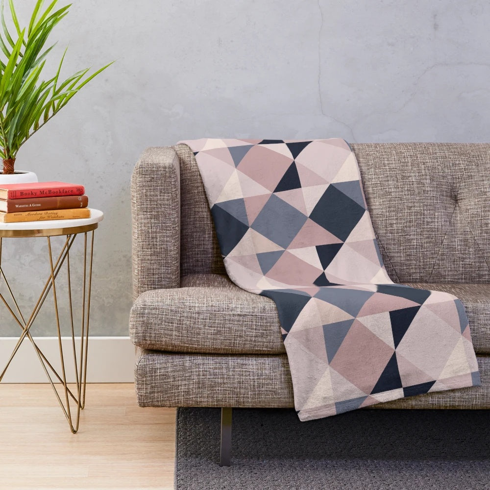 Pink and navy geometric pattern plush blanket