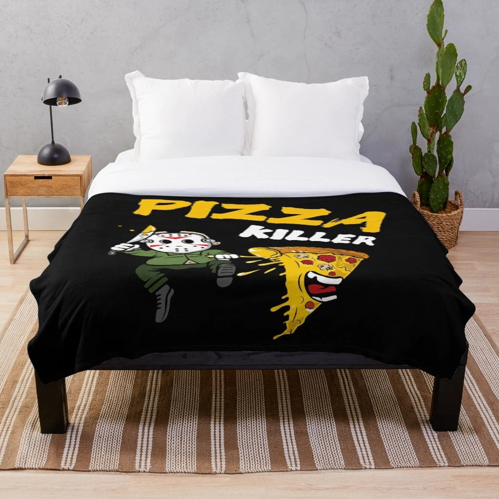 Cozy pizza plush blanket with horror movie and street art design