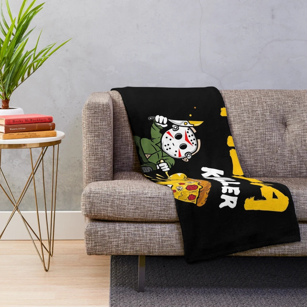 Cozy pizza plush blanket with horror movie and street art design