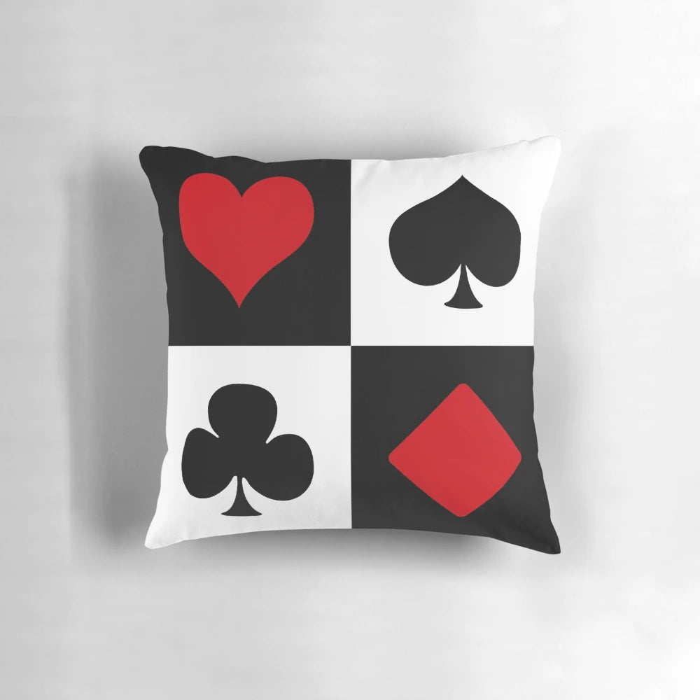 A plush, decorative pillow featuring a playing card design, perfect for game rooms, dens, or anywhere you want to add a touch of luck and excitement.