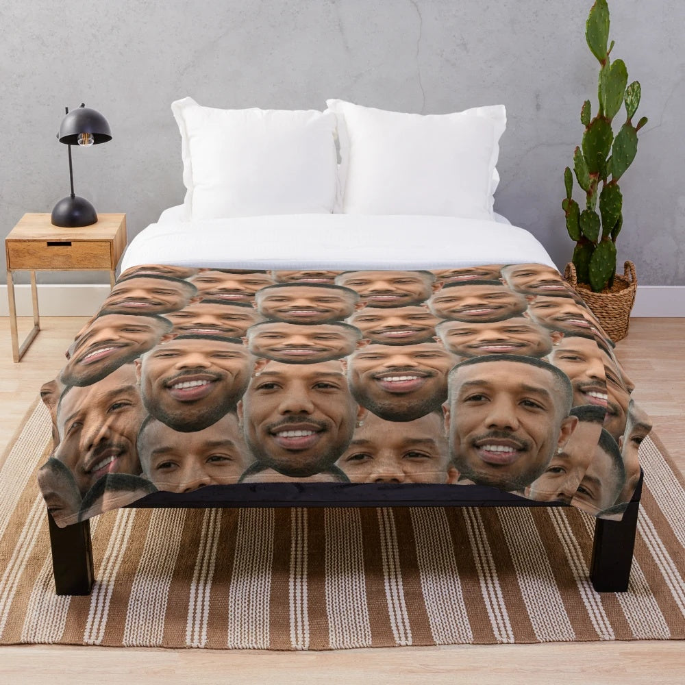 Plush blanket with detailed Michael B Jordan head design