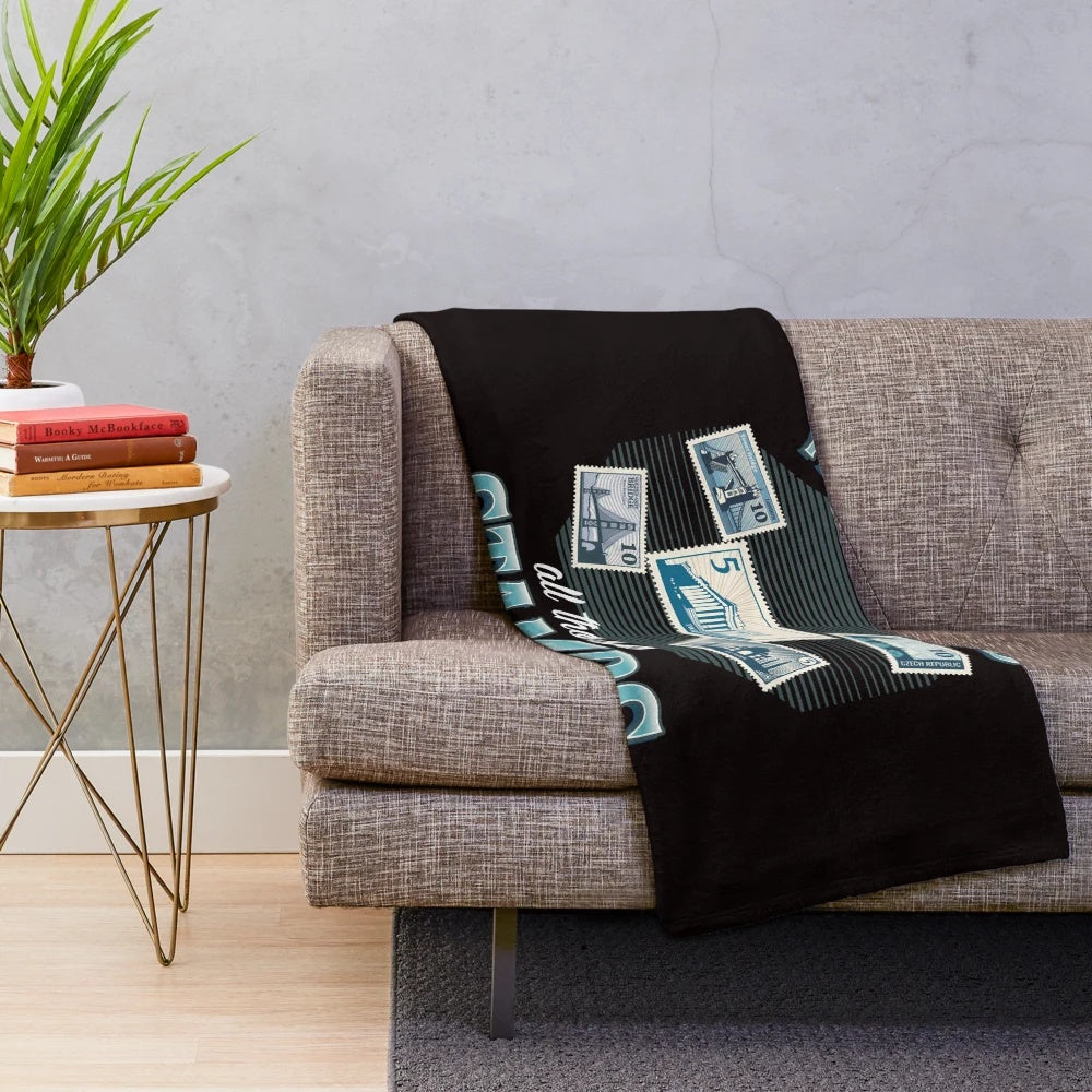 Plush blanket with vintage postage stamp design for stamp collectors and philatelists