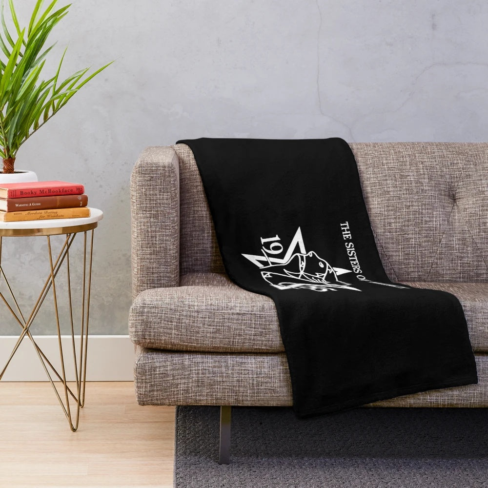 Vintage-inspired plush blanket featuring The Sisters of Mercy gothic logo design
