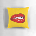 Vibrant pop art-inspired throw pillow with a woman's lips in a sexy, biting expression.