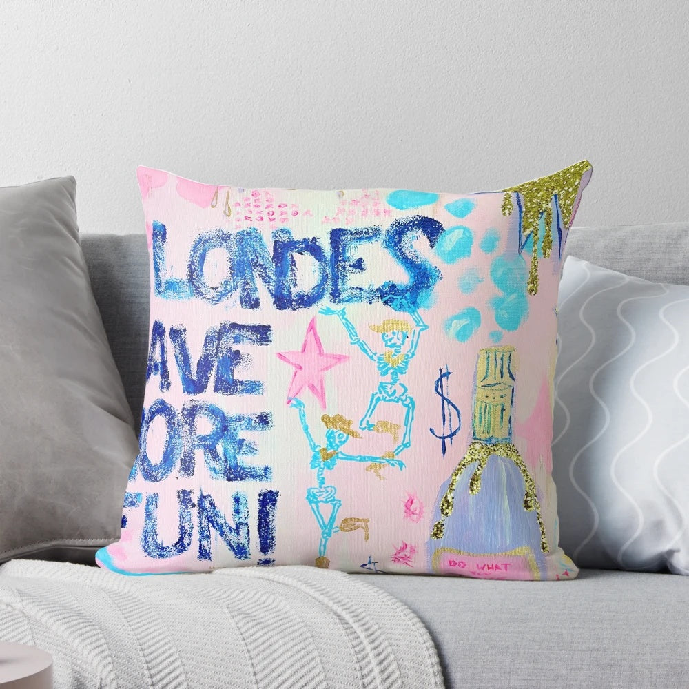 Decorative pillow with pink, blue, and gold accents in a preppy-inspired design.