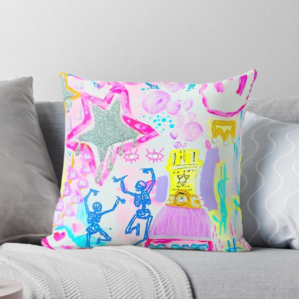 Playful pink and white wall art with skeletons and stars