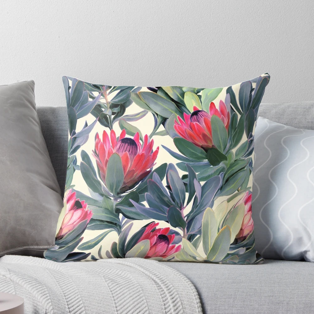 Vibrant protea floral pattern printed on a soft and comfortable pillow