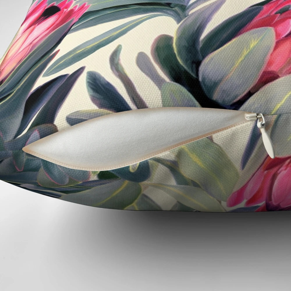 Vibrant protea floral pattern printed on a soft and comfortable pillow