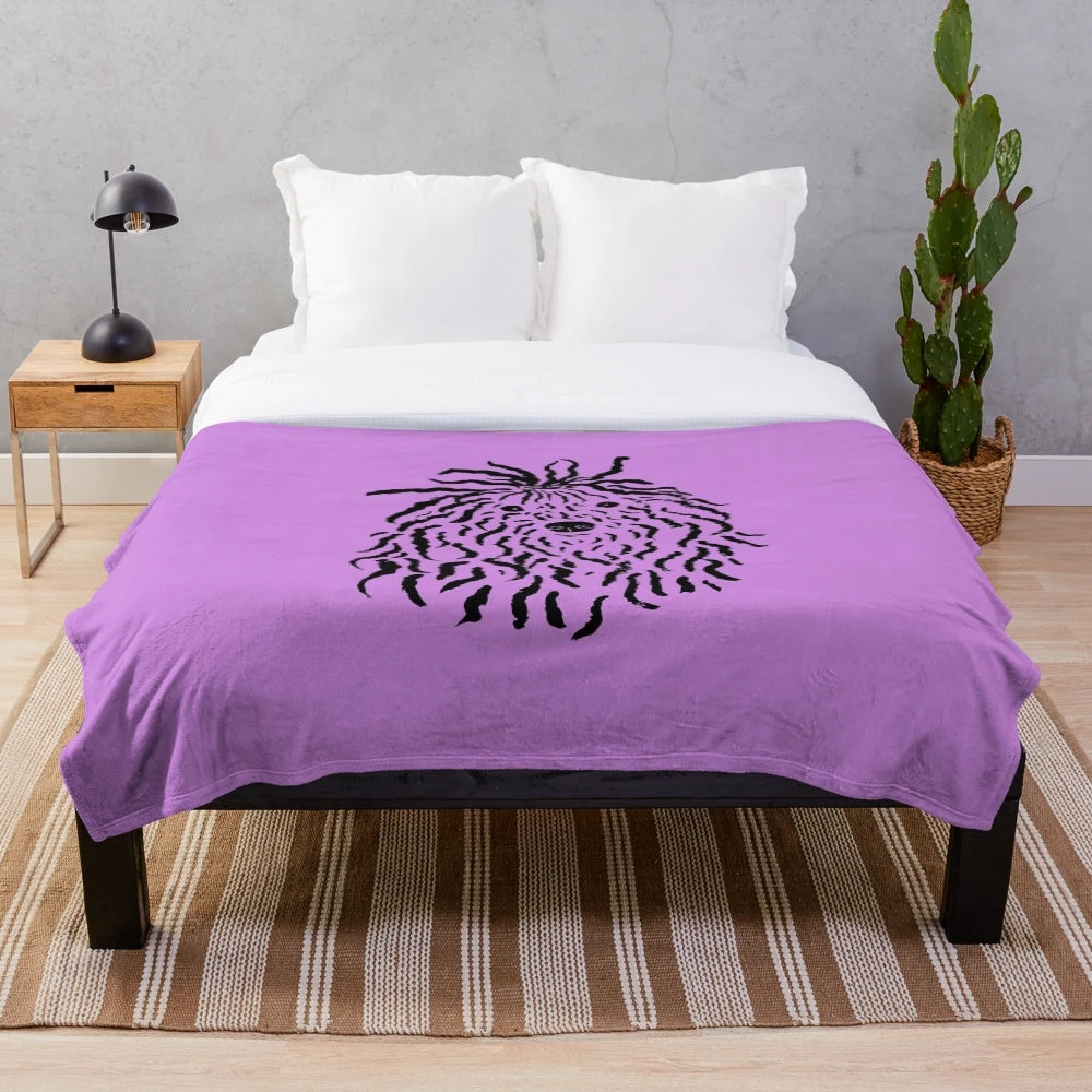 Plush blanket featuring a minimalist illustration of a Puli dog in black and violet