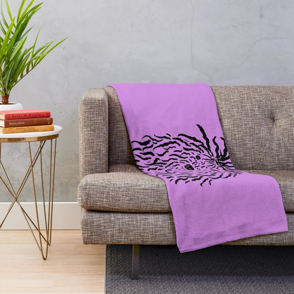Plush blanket featuring a minimalist illustration of a Puli dog in black and violet